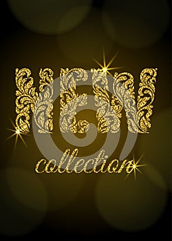 New collection. Decorative Font made of swirls and floral elements with golden glitter. Dark background with bokeh.