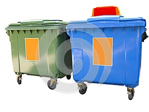 New colorful plastic garbage containers isolated over white