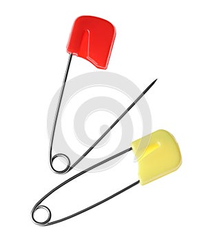 New colorful safety pins on white background