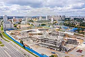 Aerial panoramic view of big construction site in Minsk, Belarus