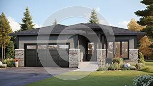 New construction home exterior with contemporary house plan features gray wood siding. Generative Ai