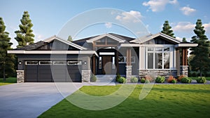 New construction home exterior with contemporary house plan features gray wood siding. Generative Ai