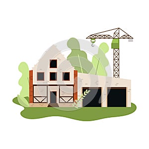 New construction of house with stones or white bricks with crane