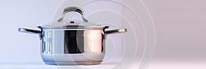 New Cooking Pot Isolated, Metal Saucepan with Glass Lid, Soup Kitchenware, Shiny Stainless Cooking Pot