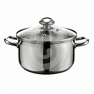 New Cooking Pot Isolated, Metal Saucepan with Glass Lid, Soup Kitchenware, Shiny Stainless Cooking Pot