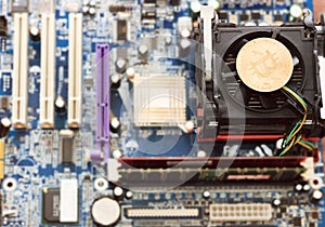 New crypto currency, bitcoin and computer motherboard, cooler