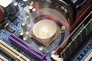 New crypto currency, bitcoin and computer motherboard, cooler