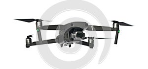 New dark grey drone quadcopter with digital camera and sensors flying on white