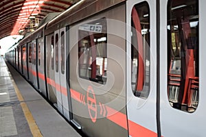 New Delhi India, August 10 2023 - Delhi Metro train arriving at Jhandewalan metro station in New Delhi, India, Asia, Public