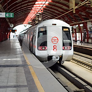 New Delhi India, August 10 2023 - Delhi Metro train arriving at Jhandewalan metro station in New Delhi, India, Asia, Public