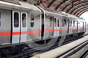 New Delhi India, August 10 2023 - Delhi Metro train arriving at Jhandewalan metro station in New Delhi, India, Asia, Public