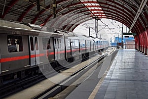 New Delhi India, August 10 2023 - Delhi Metro train arriving at Jhandewalan metro station in New Delhi, India, Asia, Public