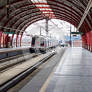 New Delhi India, August 10 2023 - Delhi Metro train arriving at Jhandewalan metro station in New Delhi, India, Asia, Public