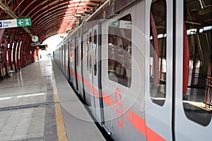 New Delhi India, August 10 2023 - Delhi Metro train arriving at Jhandewalan metro station in New Delhi, India, Asia, Public