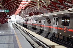 New Delhi India, August 10 2023 - Delhi Metro train arriving at Jhandewalan metro station in New Delhi, India, Asia, Public