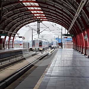 New Delhi India, August 10 2023 - Delhi Metro train arriving at Jhandewalan metro station in New Delhi, India, Asia, Public