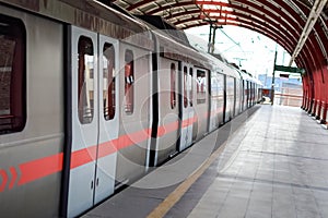 New Delhi India, August 10 2023 - Delhi Metro train arriving at Jhandewalan metro station in New Delhi, India, Asia, Public