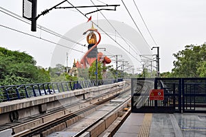 New Delhi India, June 21 2022 - Delhi Metro train arriving at Jhandewalan metro station in New Delhi, India