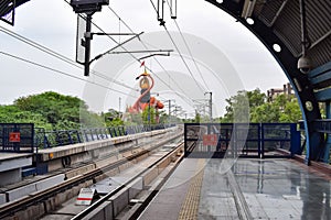 New Delhi India June 21 2022 - Delhi Metro train arriving at Jhandewalan metro station in New Delhi, India