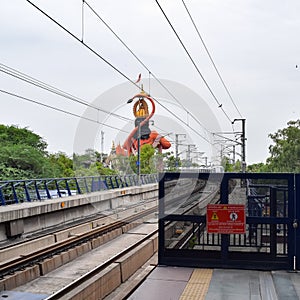 New Delhi India, June 21 2022 - Delhi Metro train arriving at Jhandewalan metro station in New Delhi, India
