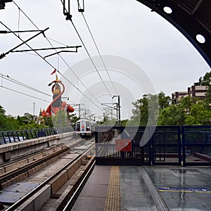 New Delhi India June 21 2022 - Delhi Metro train arriving at Jhandewalan metro station in New Delhi, India