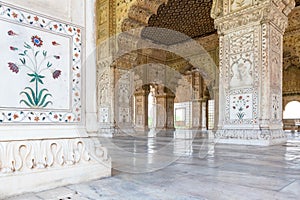 New Delhi, India, Mar 30 2019 - Tourists stroll around the Divan-i-Khas and Khas Mahal, Red Fort complex, Old Delhi photo