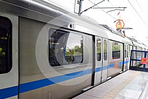 New Delhi India â€“ June 21 2022 - Delhi Metro train arriving at Jhandewalan metro station in New Delhi, India