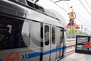 New Delhi India â€“ June 21 2022 - Delhi Metro train arriving at Jhandewalan metro station in New Delhi, India