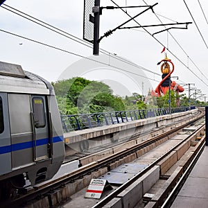 New Delhi India â€“ June 21 2022 - Delhi Metro train arriving at Jhandewalan metro station in New Delhi, India