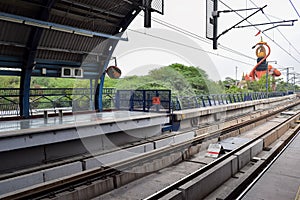 New Delhi India â€“ June 21 2022 - Delhi Metro train arriving at Jhandewalan metro station in New Delhi, India, Asia