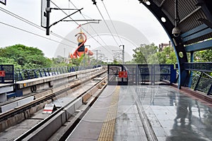 New Delhi India â€“ June 21 2022 - Delhi Metro train arriving at Jhandewalan metro station in New Delhi, India, Asia