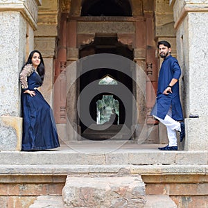 New Delhi India â€“ November 25 2019 : A couple pose for Pre Wedding shoot inside Lodhi Garden Delhi, a popular tourist landmark