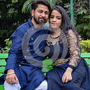 New Delhi India â€“ November 25 2019 : A couple pose for Pre Wedding shoot inside Lodhi Garden Delhi, a popular tourist landmark