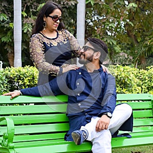 New Delhi India â€“ November 25 2019 : A couple pose for Pre Wedding shoot inside Lodhi Garden Delhi, a popular tourist landmark