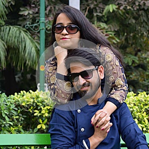 New Delhi India â€“ November 25 2020 : A couple pose for Pre Wedding shoot inside Lodhi Garden Delhi, a popular tourist landmark