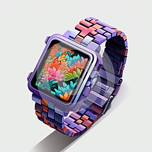 Vibrant Pixellated Watch With Flower Design And Hyperrealistic Compositions photo