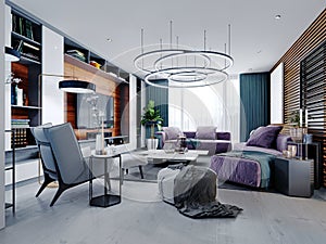 New design of multi-colored living room in contemporary style. Purple furniture, white and black cabinets and shelves, blue walls