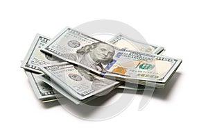 New design US Dollar bills bundles stack on white background