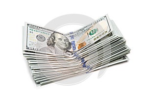 New design US Dollar bills bundles stack on white background