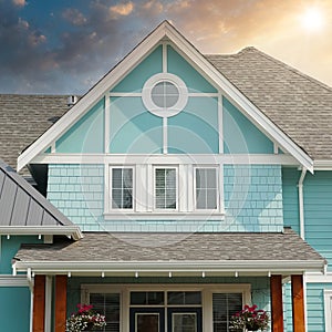 New Designer Home House Blue Exterior Roof Peak Details Cloudy Sunset Sky Background