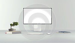 New desktop computer pro display with keyboard and mouse on background. Computer front view.