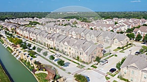 New development riverside townhomes and apartment complex in downtown Flower Mound, Texas, USA