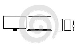 New device icon set in black: smartphone, laptop, computer monitor, tablet on isolated white background. EPS 10 