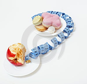 New diet concept, question sign in shape of measurment tape between red apple and donut isolated on white
