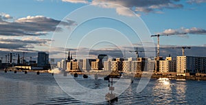 The new district Hafencity during sunset. Picture taken from the Elbbruecken bridge in Hamburg, Germany