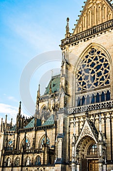 New dome Mariendom gothic cathedral in Linz, Upper Austria, main portal vi