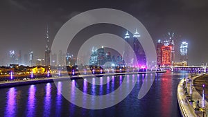 The new Dubai Water Canal with view on the city skyline timelapse, United Arab Emirates