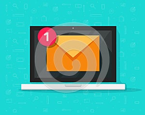 New email on laptop vector illustration, flat cartoon style of computer and e-mail envelope with notification received