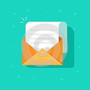 New email message icon, flat carton envelope with open mail correspondence, e-mail letter clipart photo