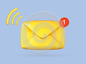 New email notification icon. Volumetric yellow Envelope. Unread mail logo. 3d cartoon vector illustration